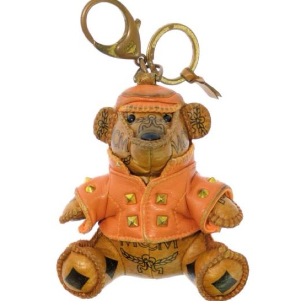 MCM Visetos "Biker Bear" Bag Charm Orange Keychain with Gold Accents Korea Made